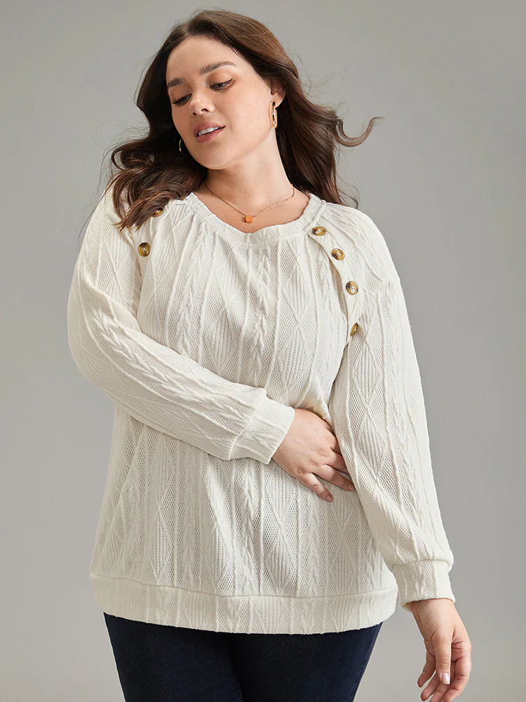Plain Texture Button Detail Knit Sweatshirt - Image 3