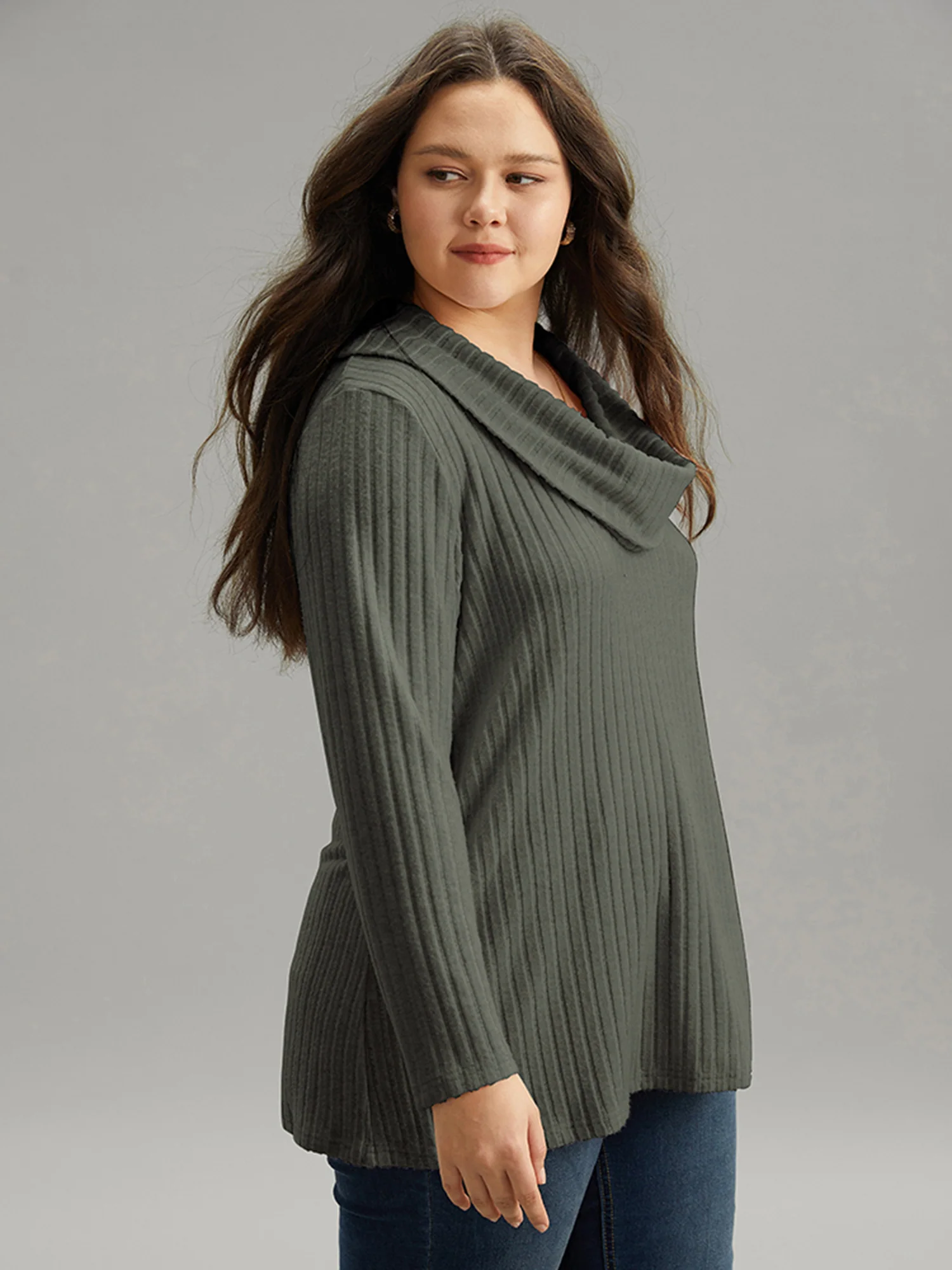 Plain Rib Knit Cowl Neck T-Shirt - Image 2