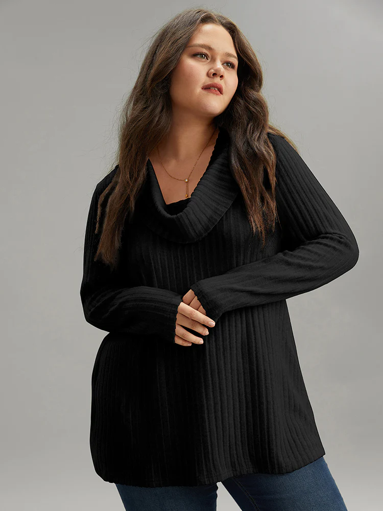 Plain Rib Knit Cowl Neck T-Shirt - Image 5