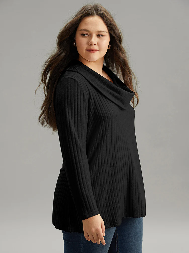 Plain Rib Knit Cowl Neck T-Shirt - Image 6