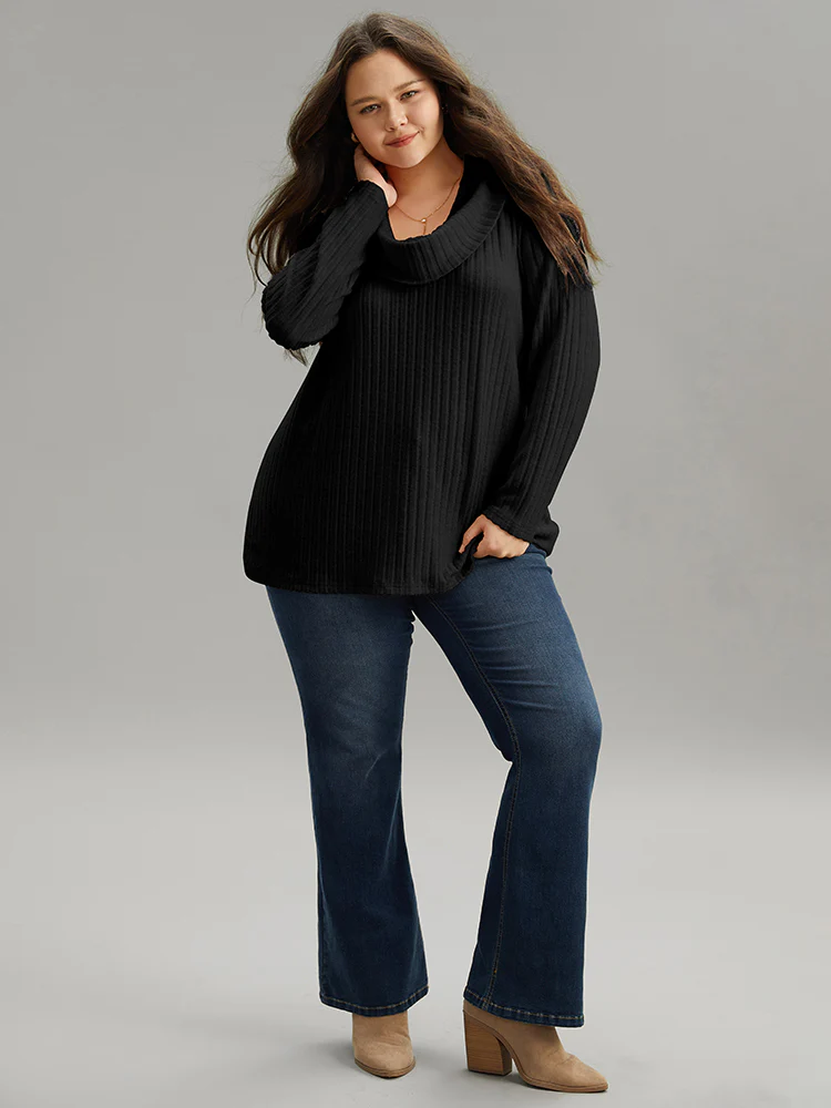 Plain Rib Knit Cowl Neck T-Shirt - Image 8