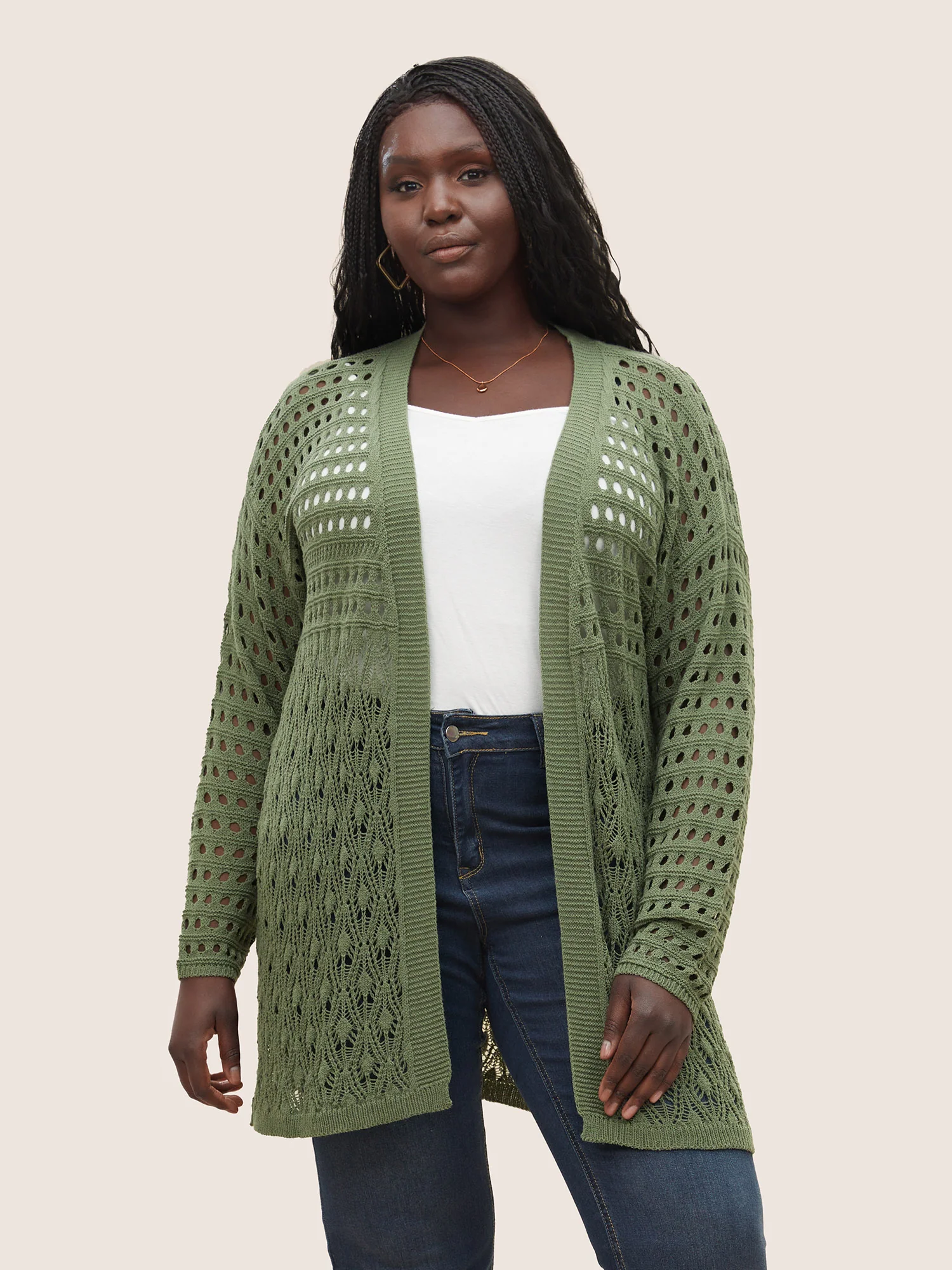 Plain Texture Cut Out Open Front Cardigan
