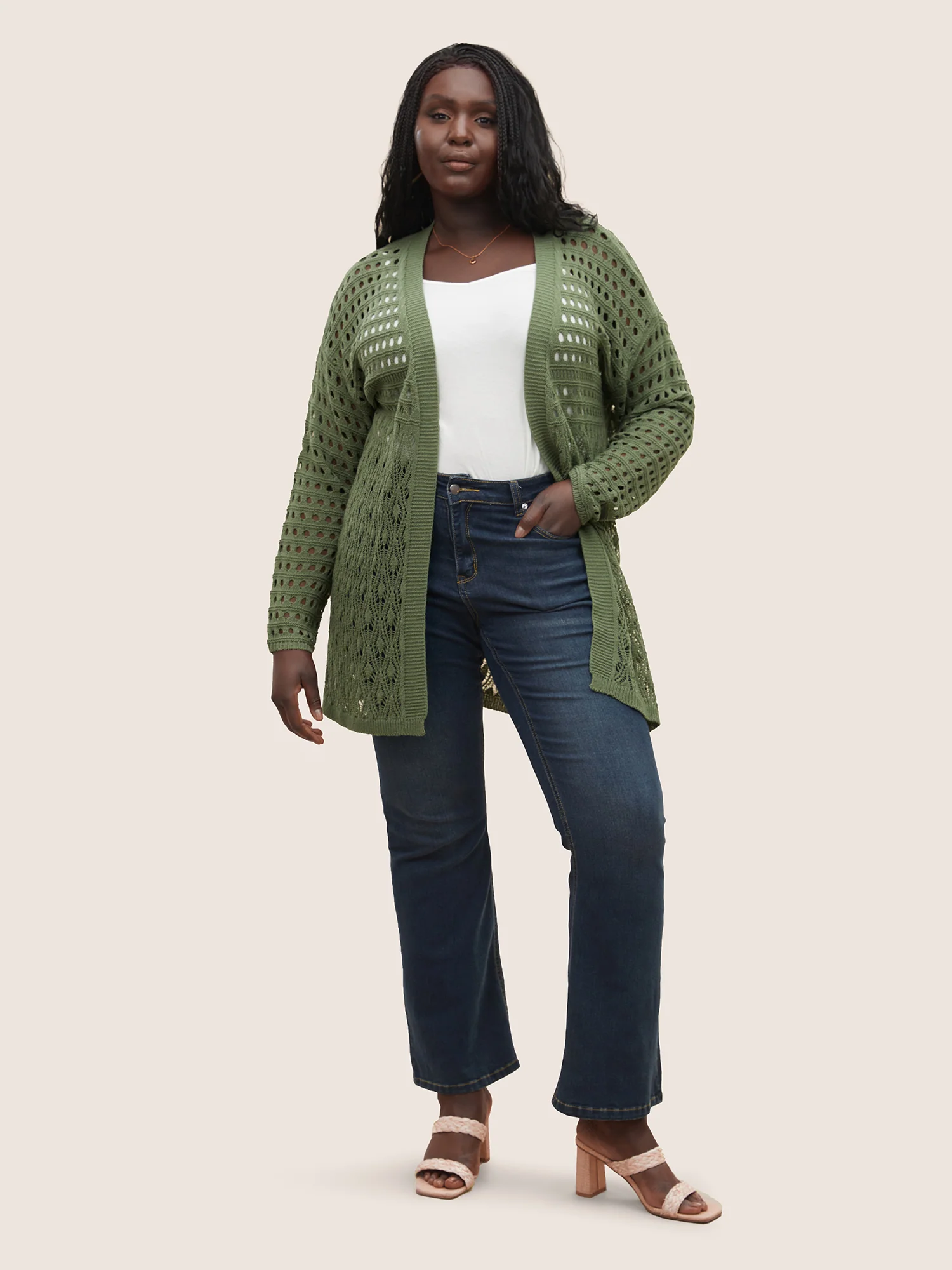 Plain Texture Cut Out Open Front Cardigan - Image 3