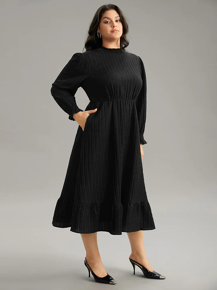 Plain Texture Elastic Waist Frill Trim Shirred Dress - Image 10