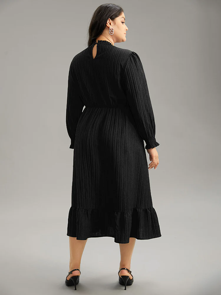 Plain Texture Elastic Waist Frill Trim Shirred Dress - Image 11