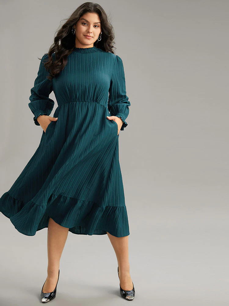 Plain Texture Elastic Waist Frill Trim Shirred Dress - Image 2