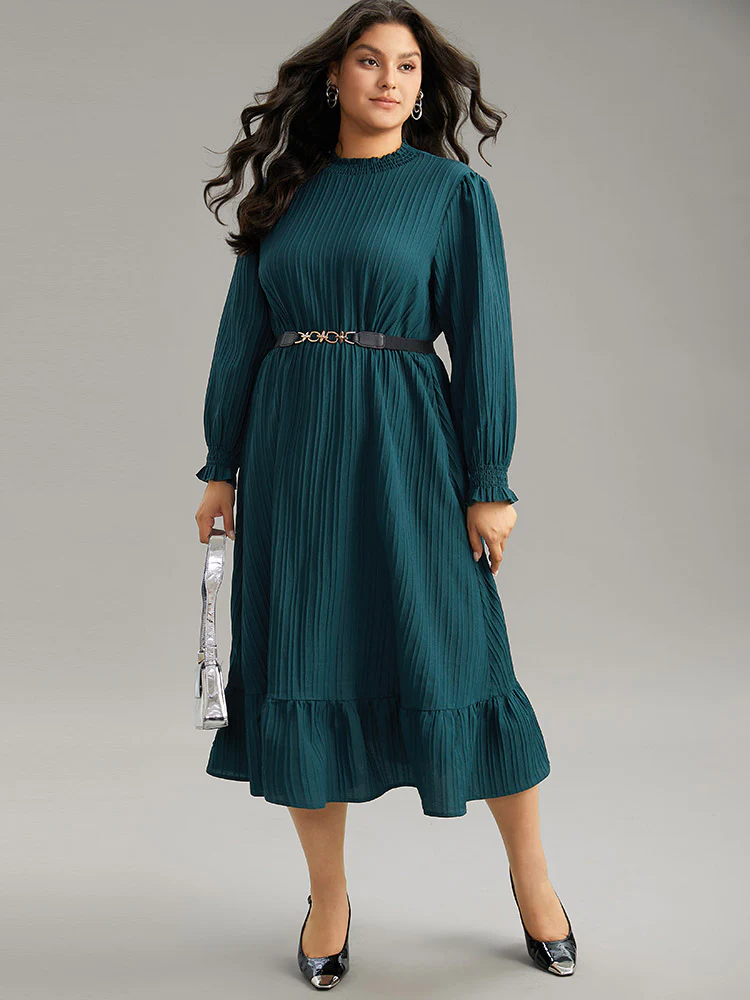 Plain Texture Elastic Waist Frill Trim Shirred Dress - Image 3