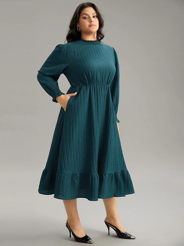 Plain Texture Elastic Waist Frill Trim Shirred Dress - Image 4