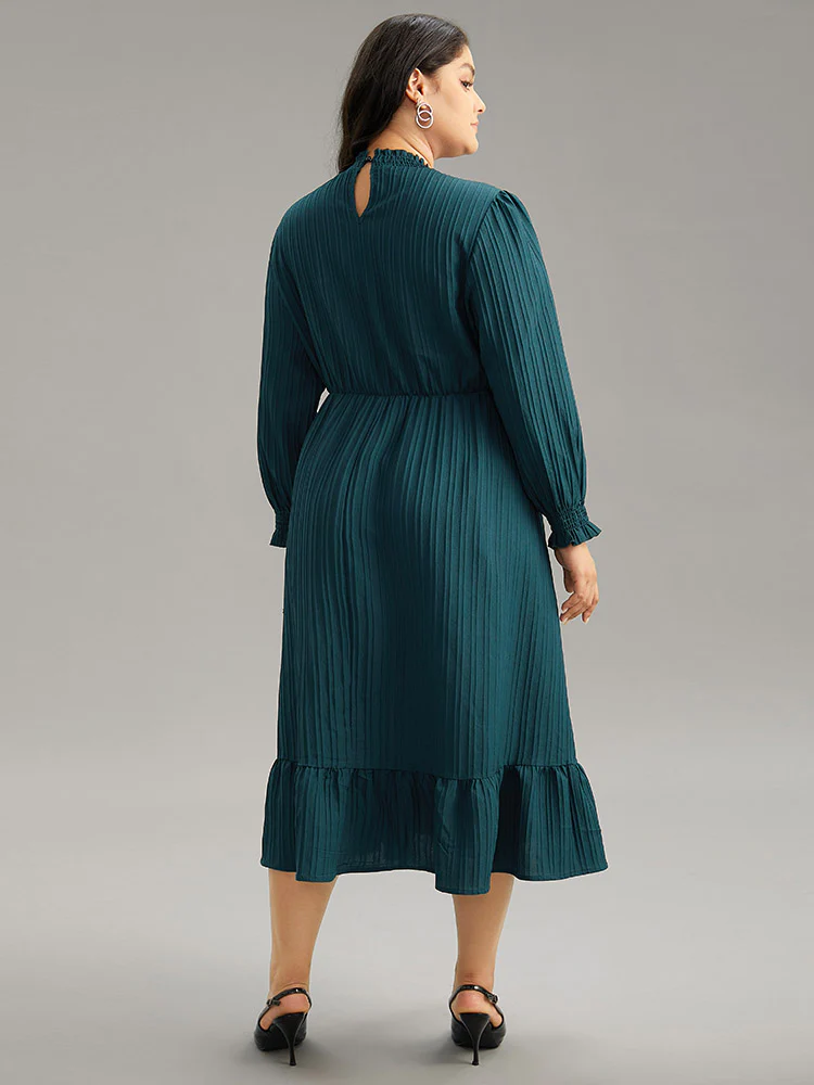 Plain Texture Elastic Waist Frill Trim Shirred Dress - Image 5