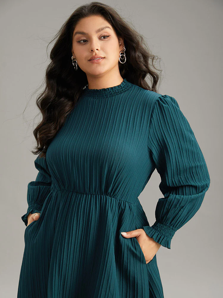 Plain Texture Elastic Waist Frill Trim Shirred Dress - Image 6