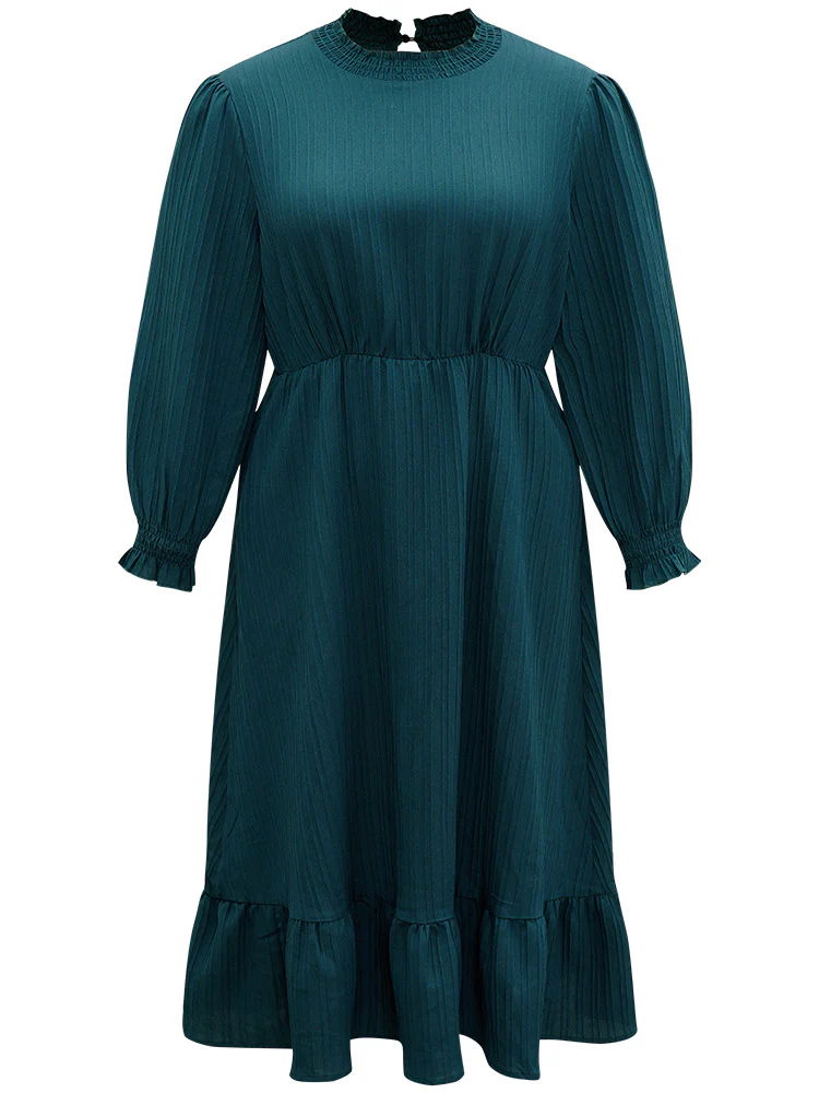 Plain Texture Elastic Waist Frill Trim Shirred Dress - Image 7