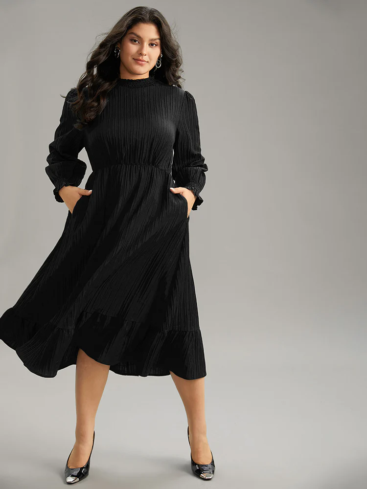 Plain Texture Elastic Waist Frill Trim Shirred Dress - Image 8