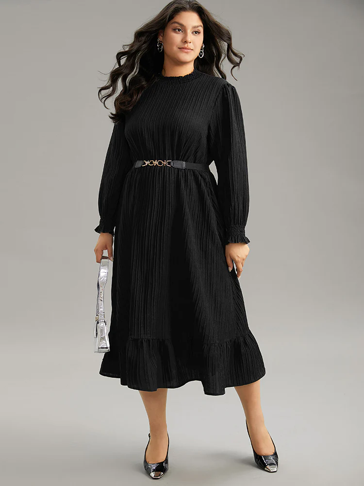 Plain Texture Elastic Waist Frill Trim Shirred Dress - Image 9