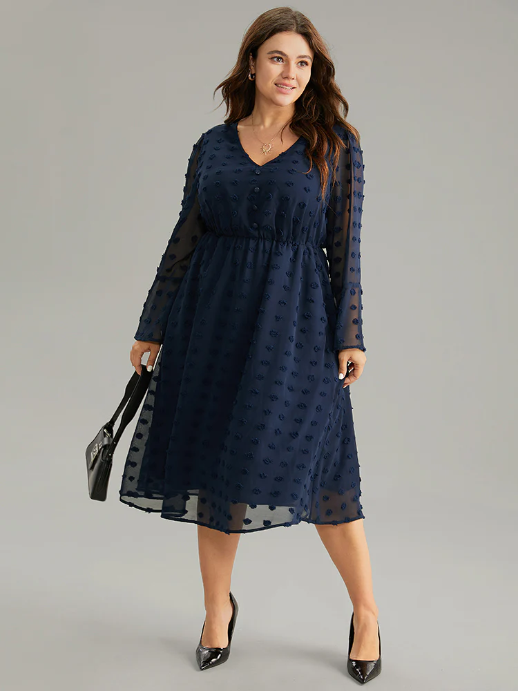 Plain Texture Elastic Waist Jacquard Dress - Image 2