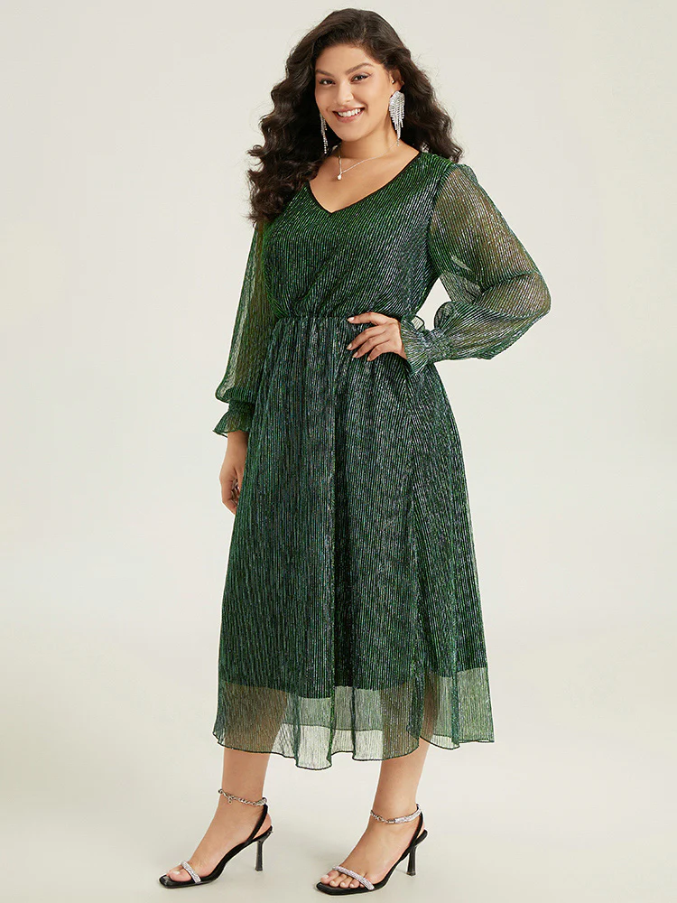 Plain Texture Elastic Waist Shirred Mesh Dress - Image 2