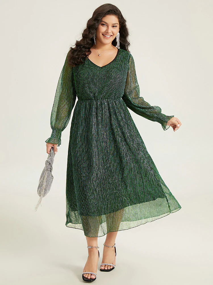 Plain Texture Elastic Waist Shirred Mesh Dress - Image 4