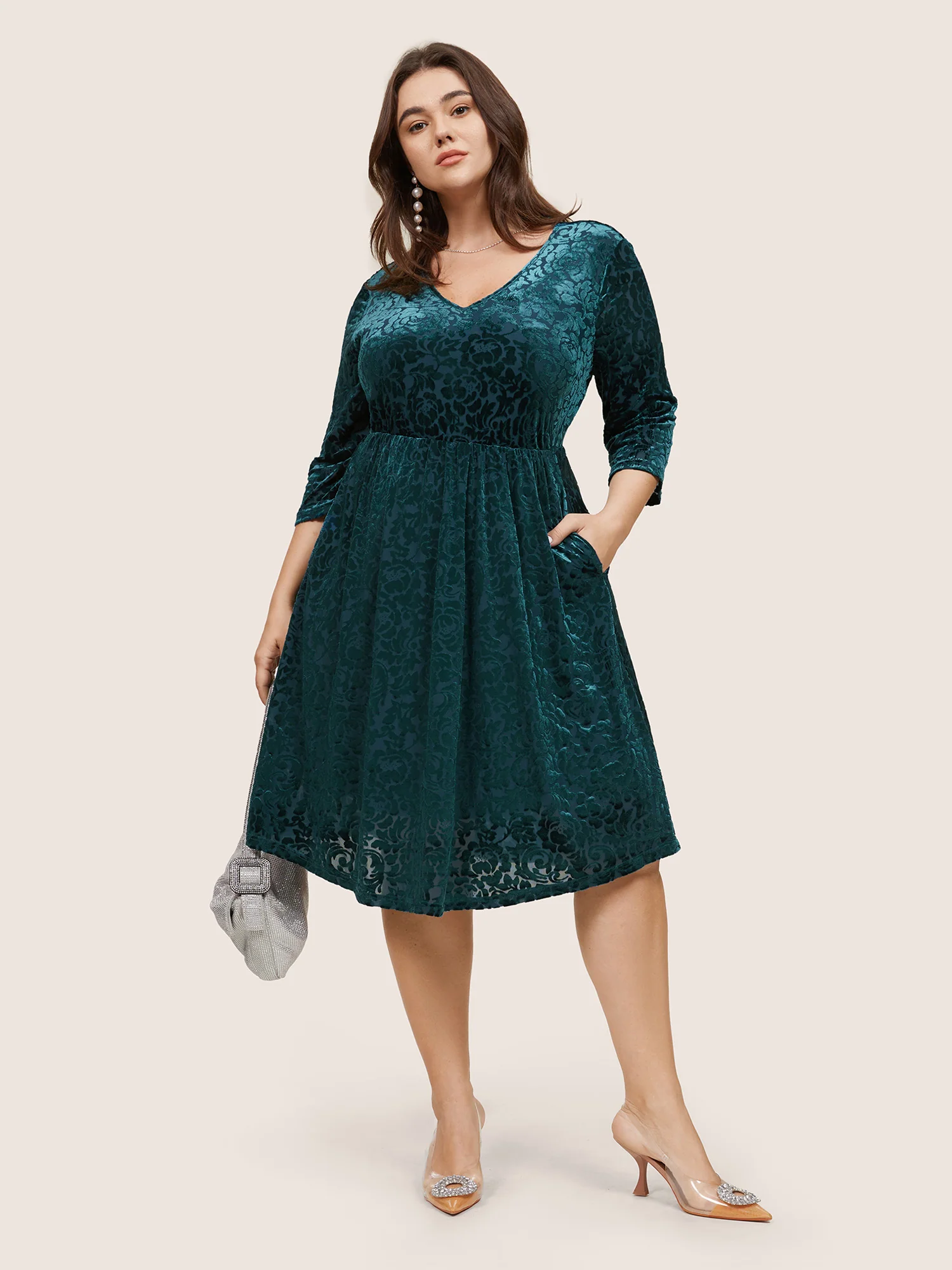 Plain Texture Floral Velvet Pocket Dress