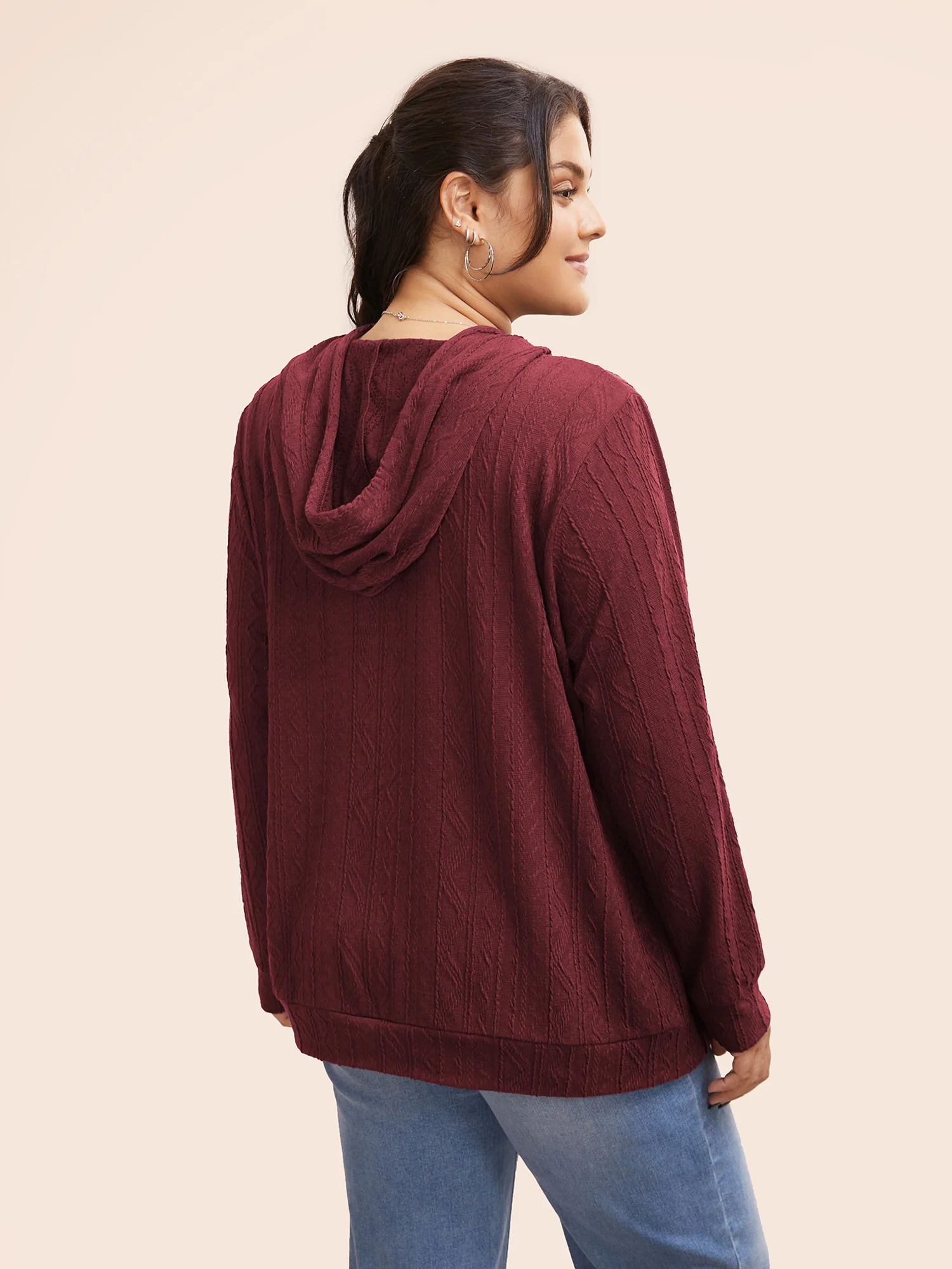 Plain Textured Hooded Drawstring Sweatshirt - Image 10