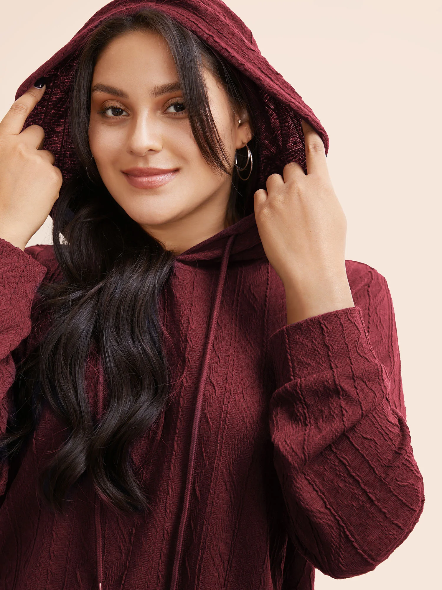 Plain Textured Hooded Drawstring Sweatshirt - Image 11