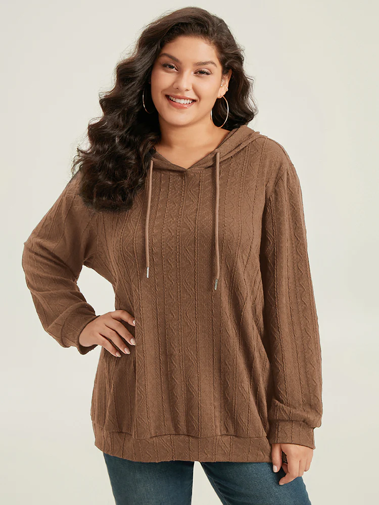 Plain Textured Hooded Drawstring Sweatshirt - Image 12