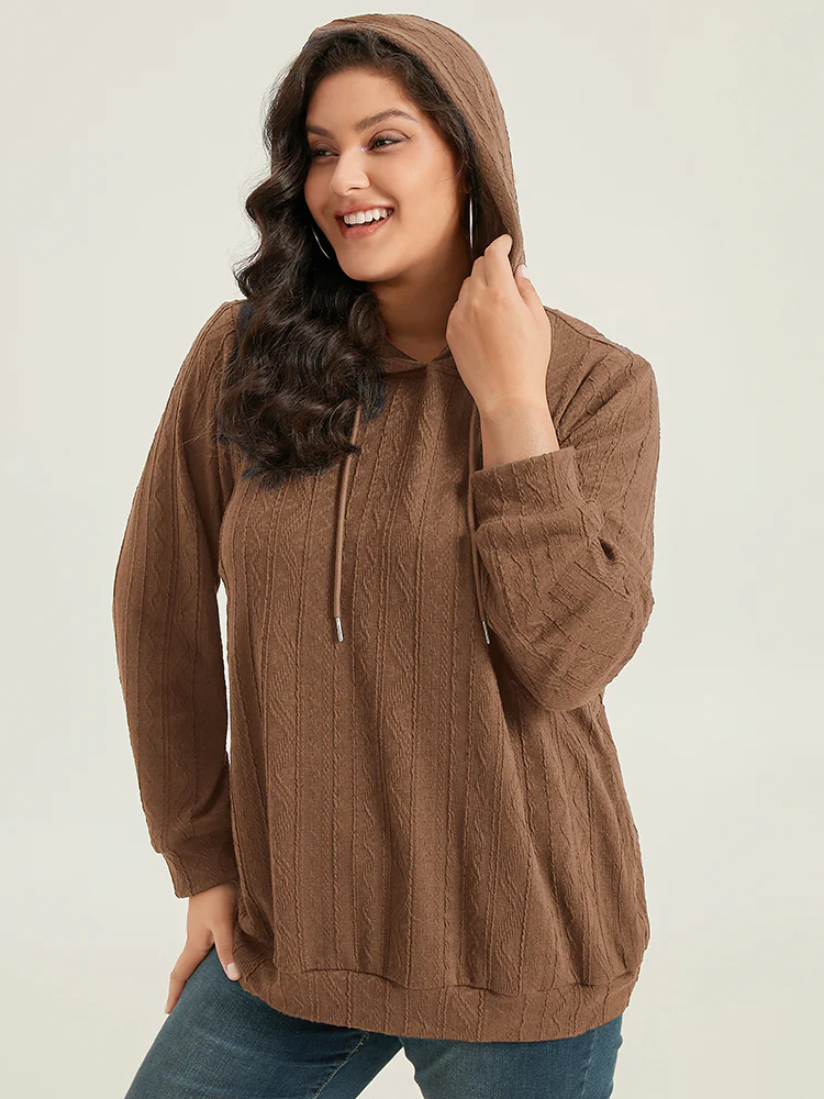 Plain Textured Hooded Drawstring Sweatshirt - Image 13