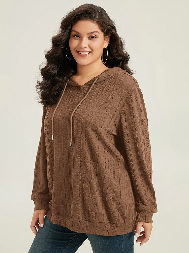 Plain Textured Hooded Drawstring Sweatshirt - Image 14