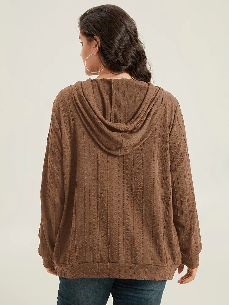 Plain Textured Hooded Drawstring Sweatshirt - Image 15