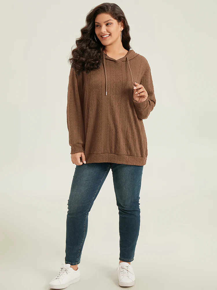 Plain Textured Hooded Drawstring Sweatshirt - Image 16