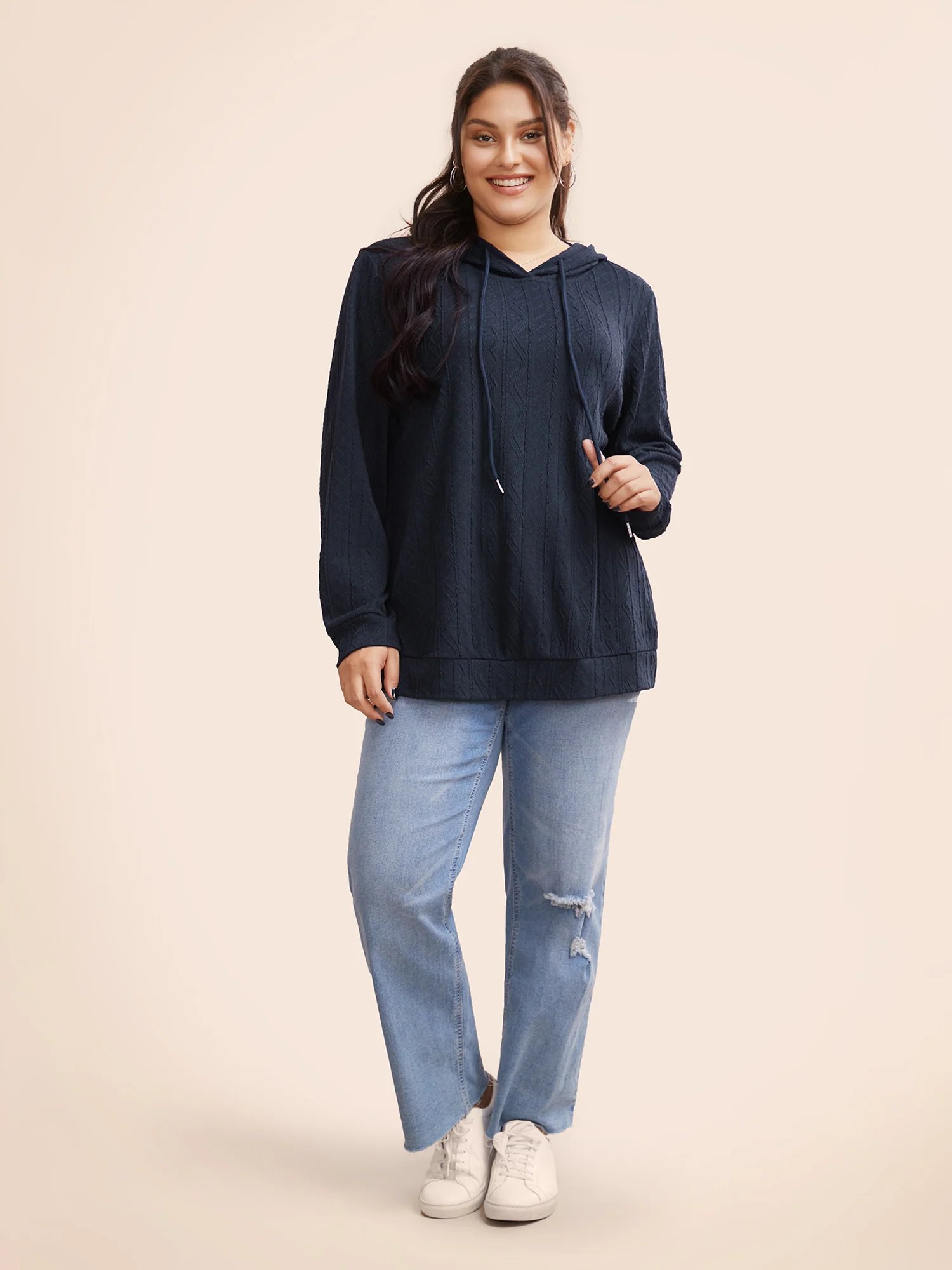 Plain Textured Hooded Drawstring Sweatshirt - Image 2