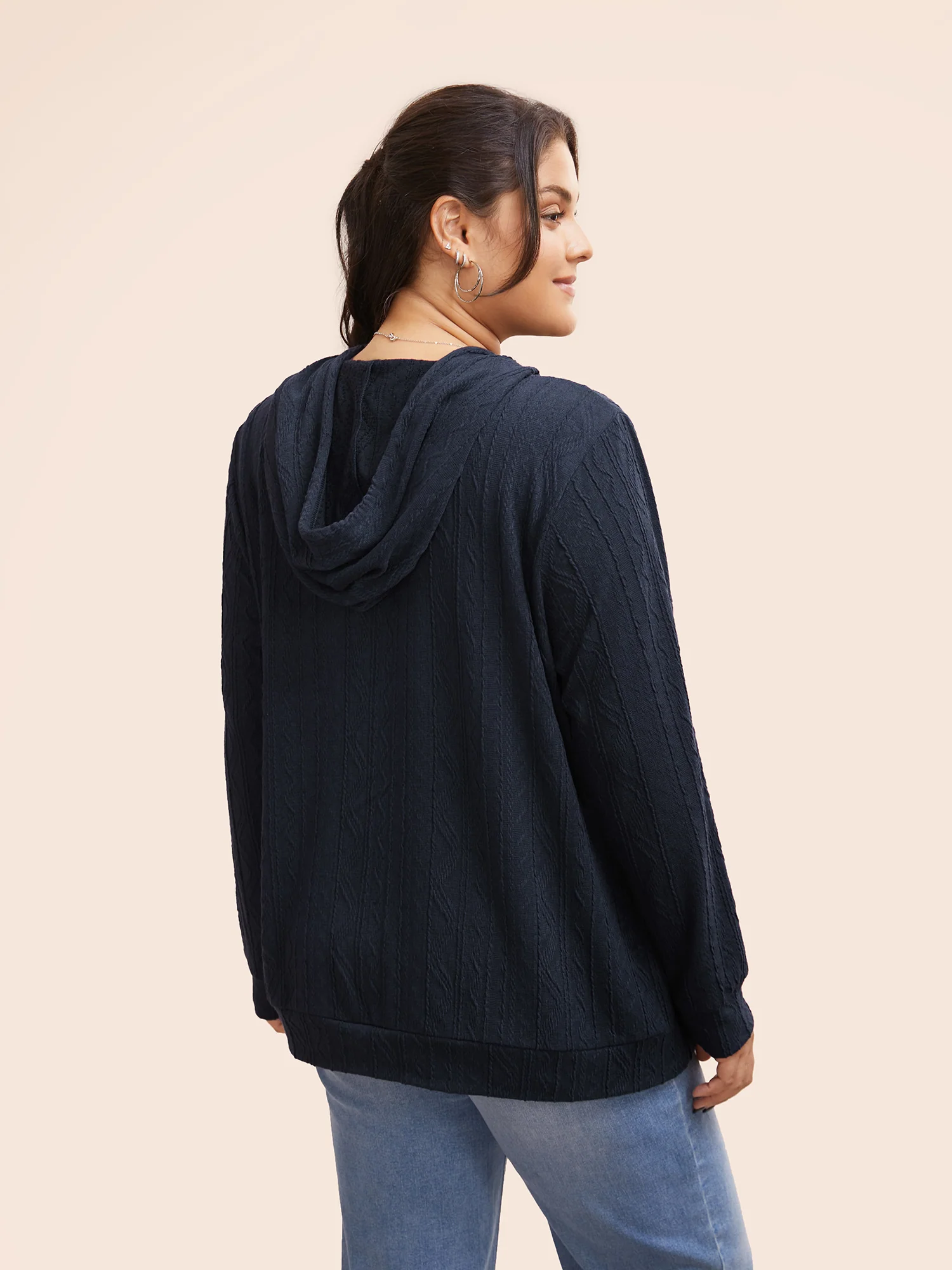 Plain Textured Hooded Drawstring Sweatshirt - Image 3