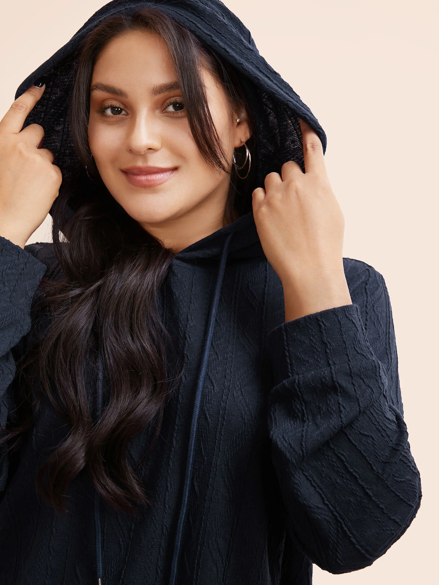 Plain Textured Hooded Drawstring Sweatshirt - Image 4