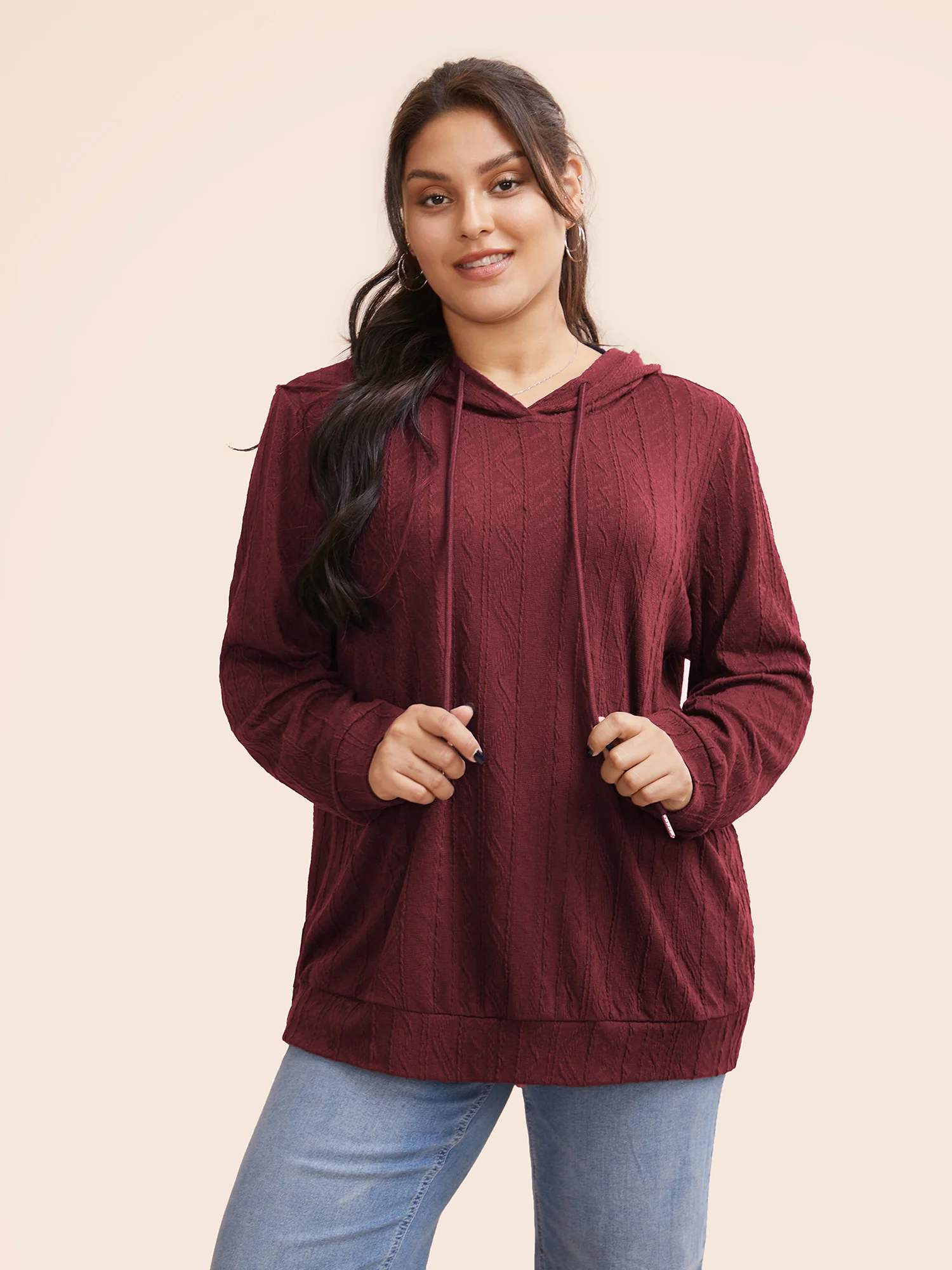 Plain Textured Hooded Drawstring Sweatshirt - Image 8