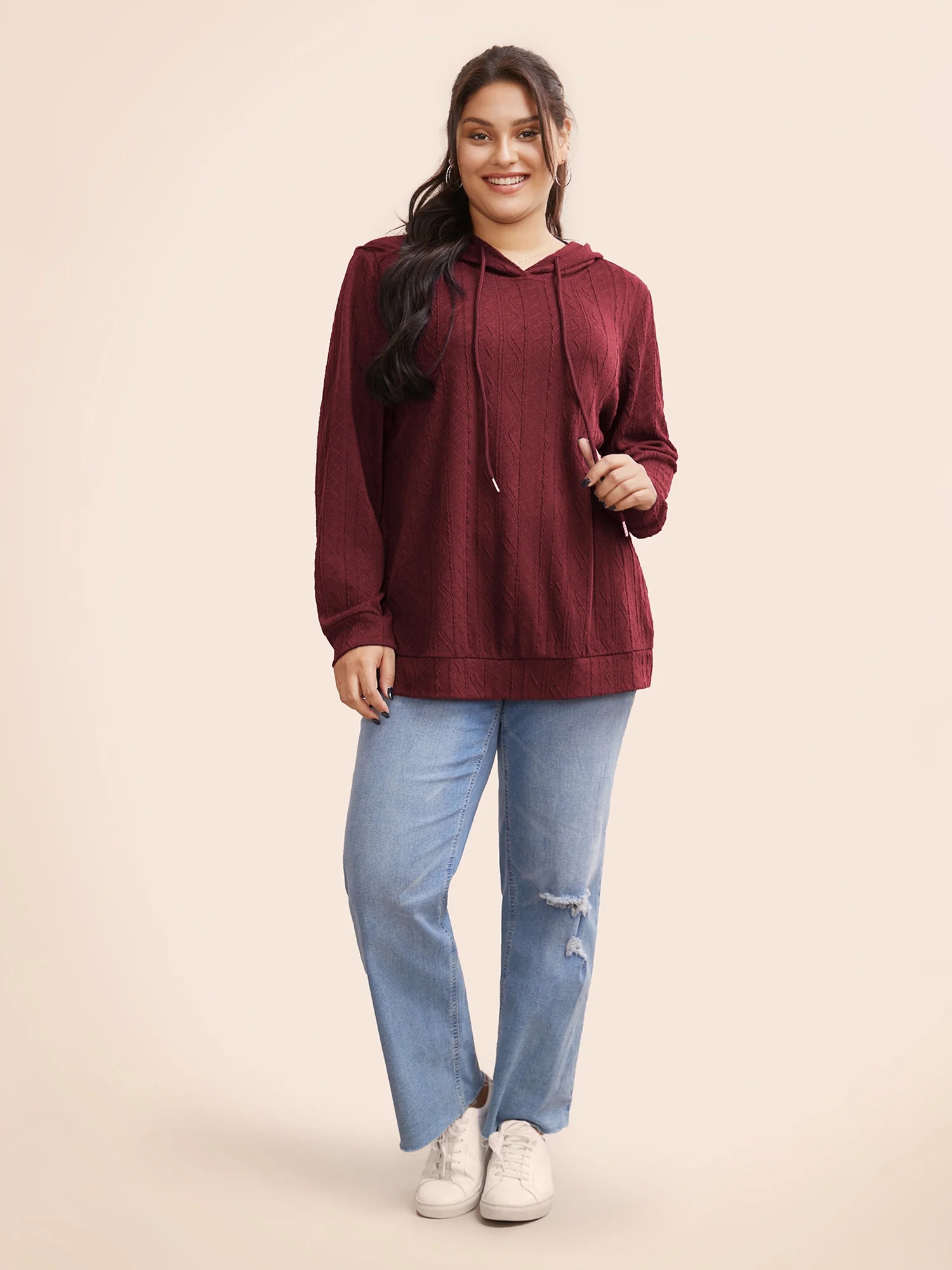Plain Textured Hooded Drawstring Sweatshirt - Image 9