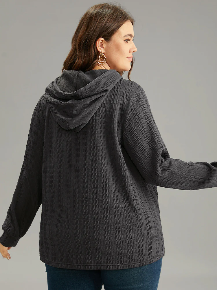 Plain Texture Hooded Jacquard Sweatshirt - Image 2
