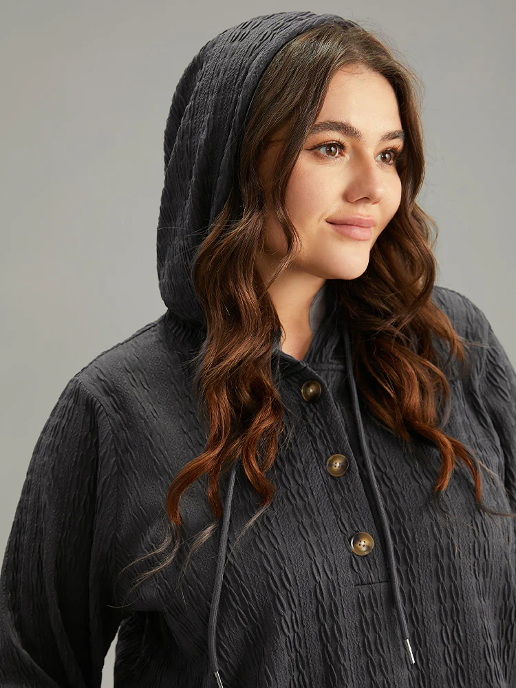 Plain Texture Hooded Jacquard Sweatshirt - Image 3
