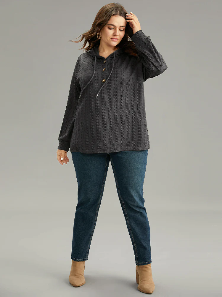 Plain Texture Hooded Jacquard Sweatshirt - Image 4
