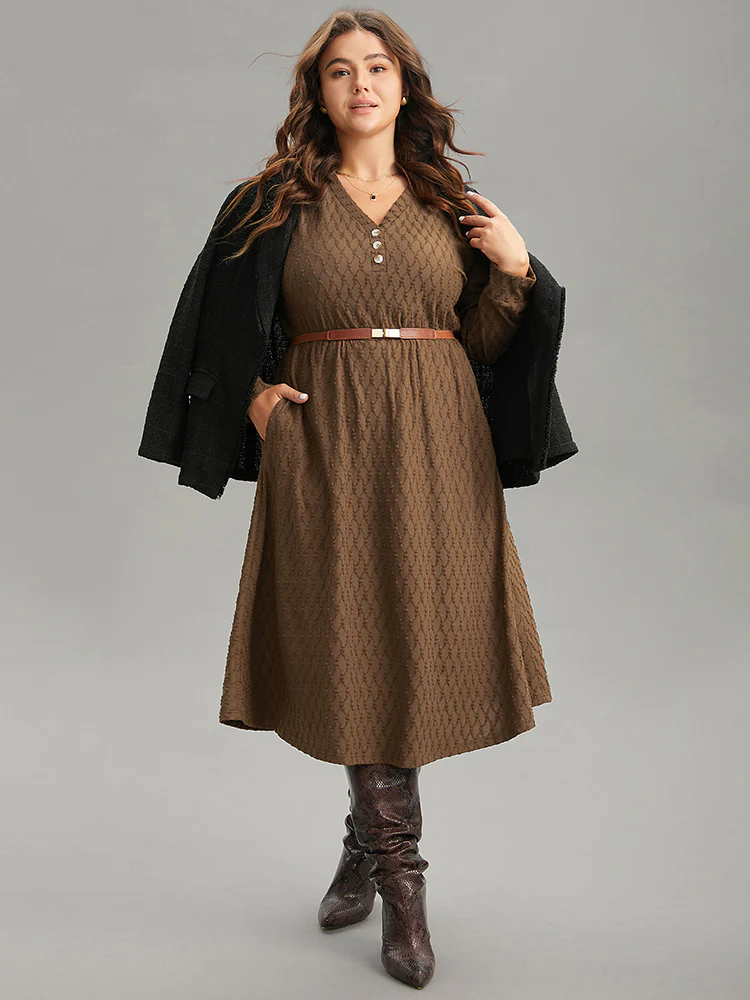 Plain Texture Jacquard Button Detail Pocket Dress - Image 4