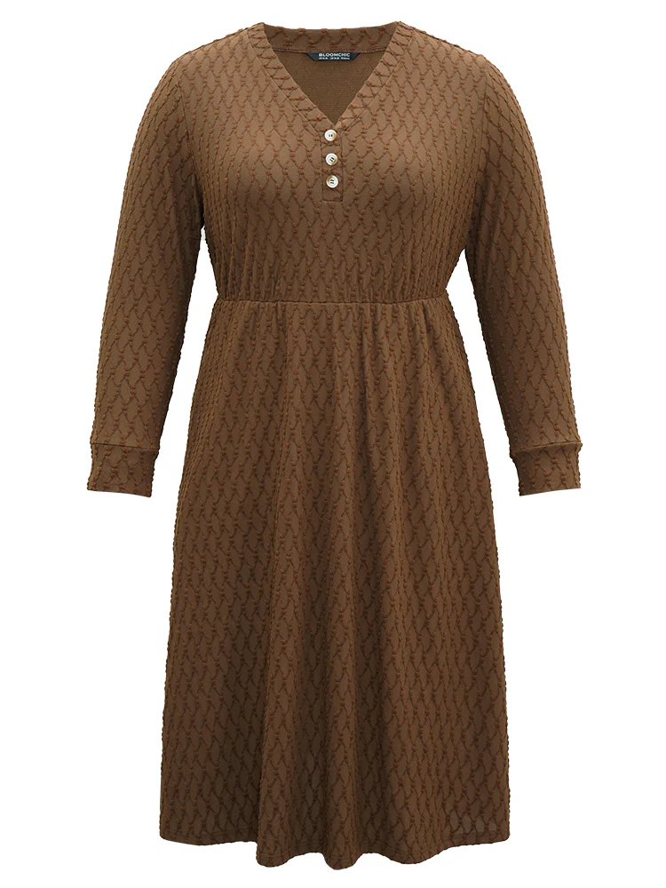 Plain Texture Jacquard Button Detail Pocket Dress - Image 6