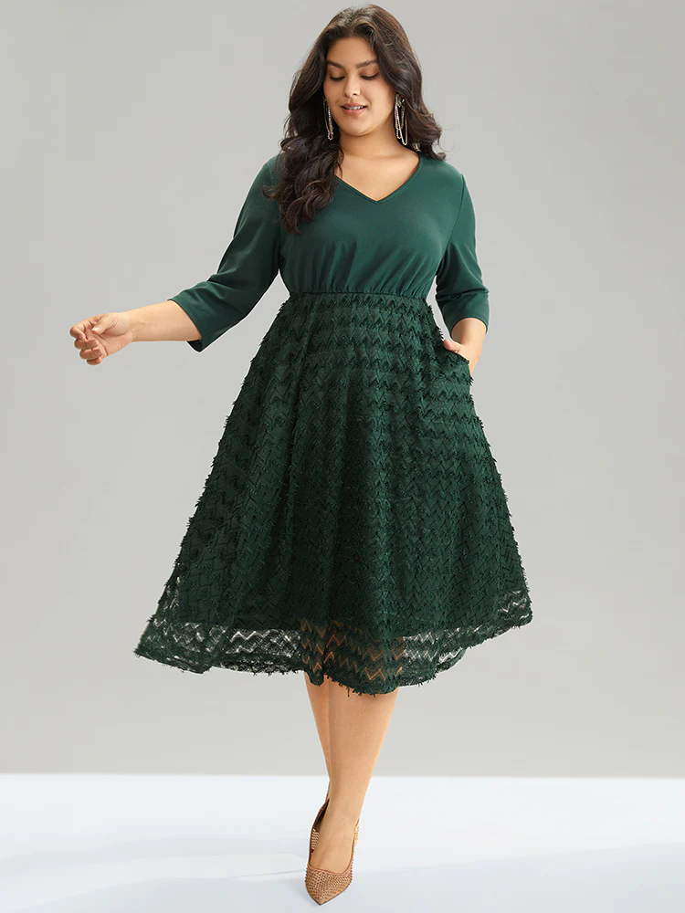 Plain Texture Mesh Patchwork Elastic Waist Dress - Image 2