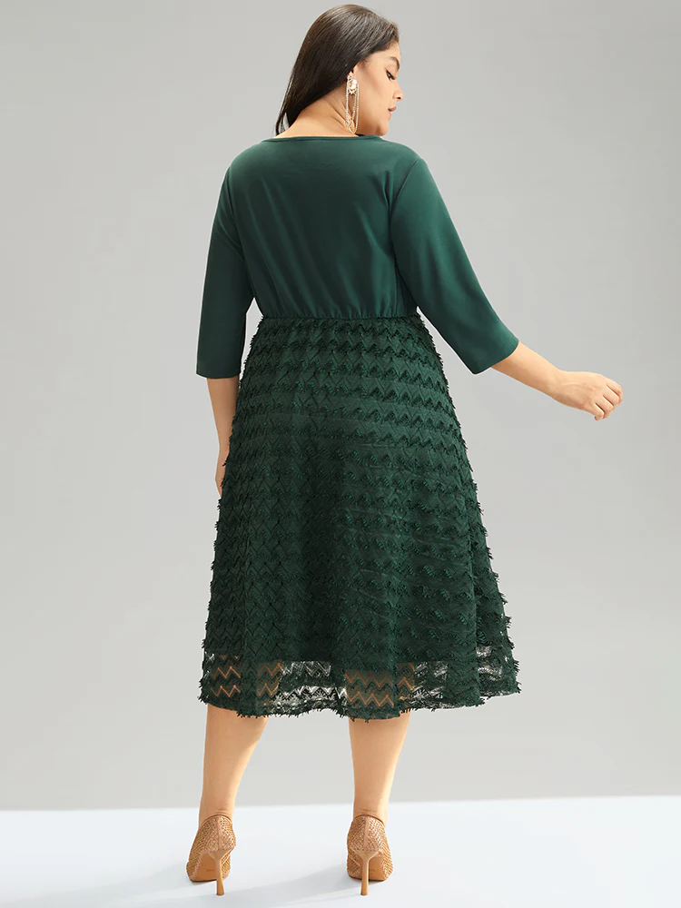 Plain Texture Mesh Patchwork Elastic Waist Dress - Image 3