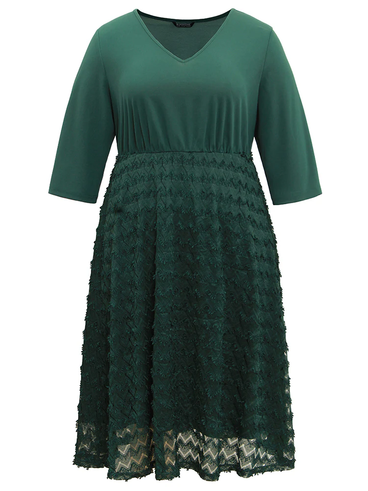 Plain Texture Mesh Patchwork Elastic Waist Dress - Image 5