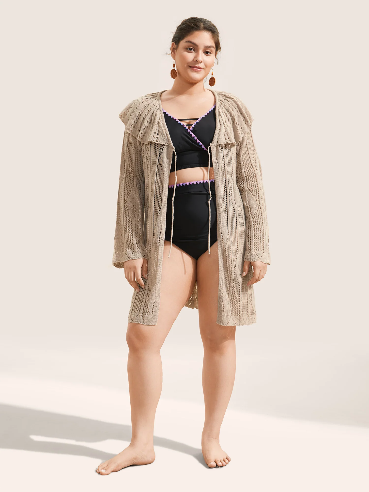 Plain Texture Patchwork Cut Out Ties Swim Cover Up - Image 3