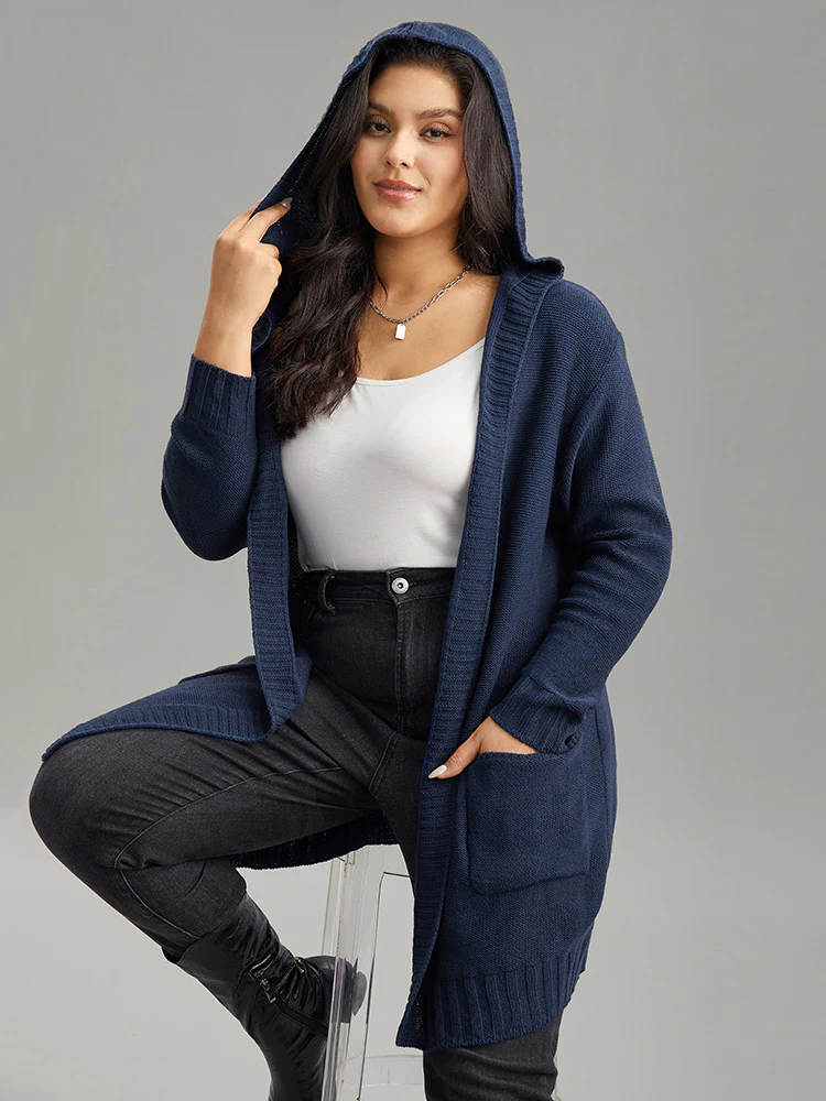 Plain Texture Pocket Hooded Cardigan - Image 2