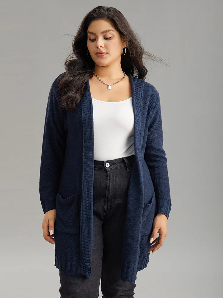 Plain Texture Pocket Hooded Cardigan - Image 4