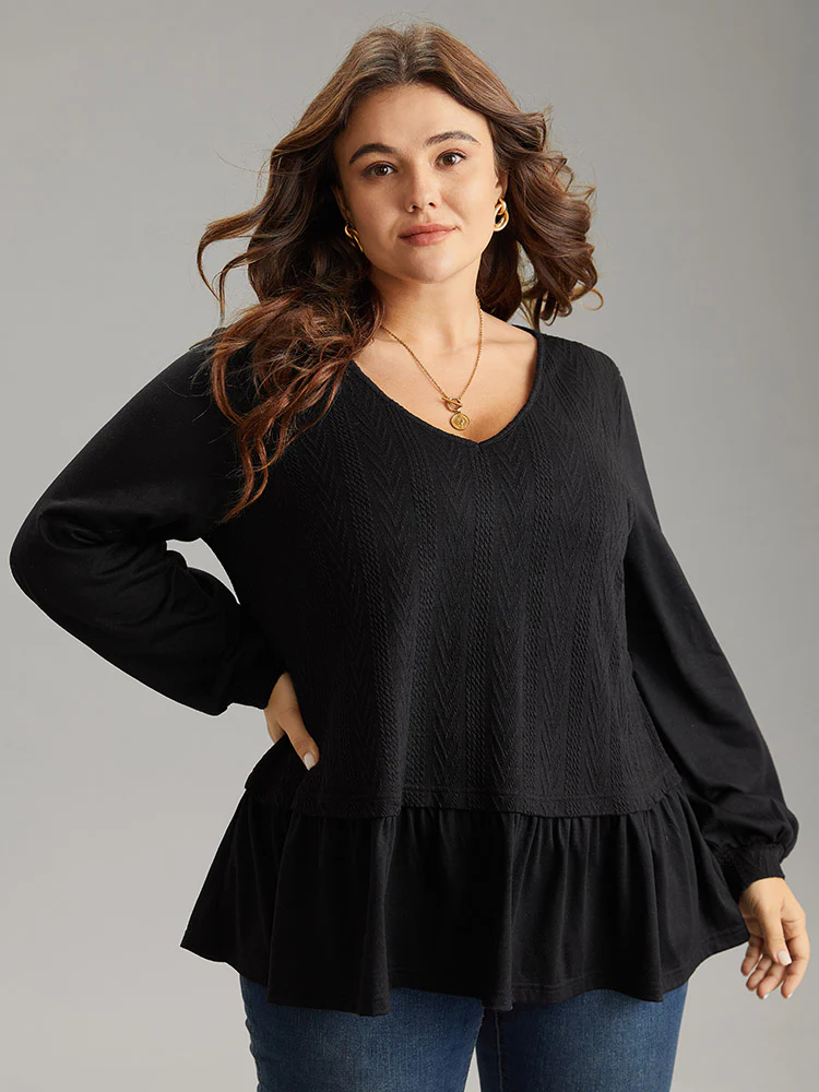 Plain Texture Ruffle Hem Lantern Sleeve T-shirt
