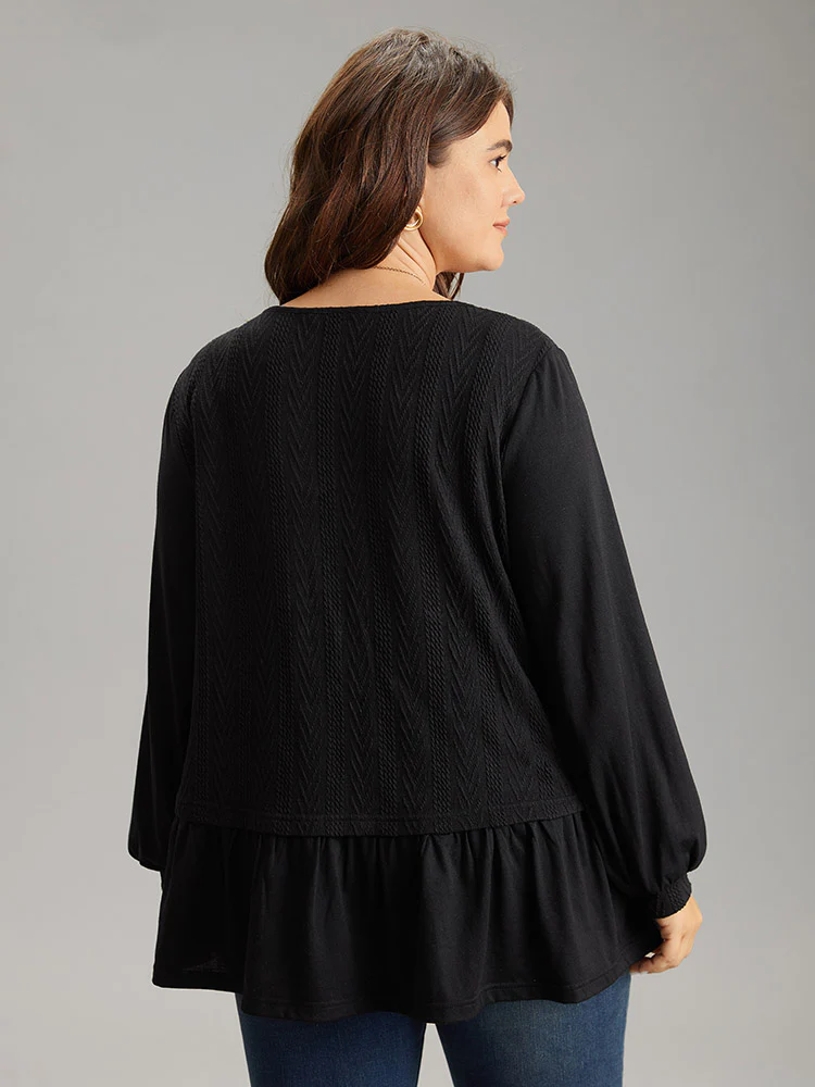 Plain Texture Ruffle Hem Lantern Sleeve T-shirt - Image 2