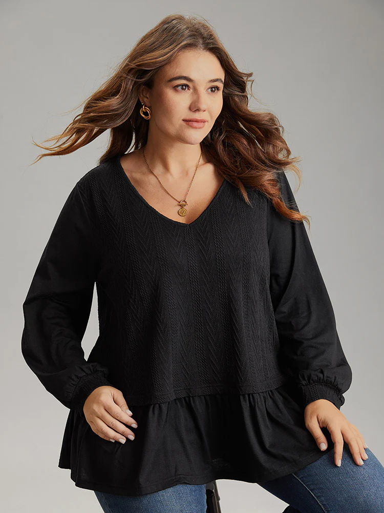 Plain Texture Ruffle Hem Lantern Sleeve T-shirt - Image 3