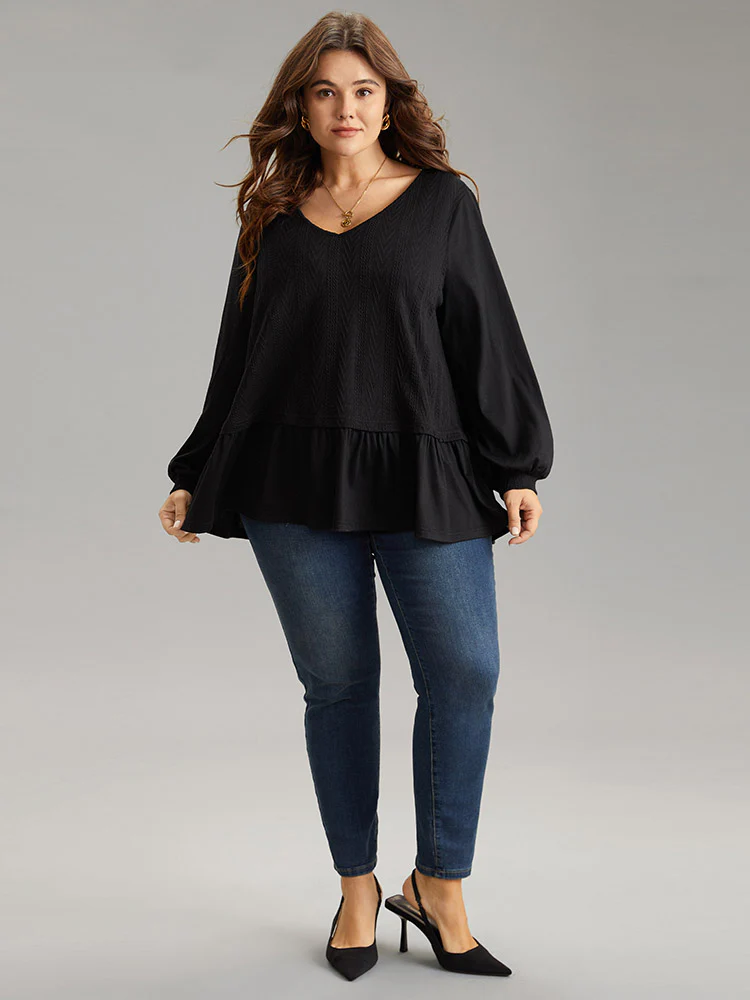 Plain Texture Ruffle Hem Lantern Sleeve T-shirt - Image 4