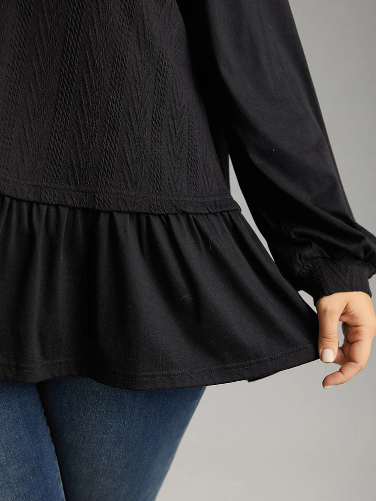 Plain Texture Ruffle Hem Lantern Sleeve T-shirt - Image 5