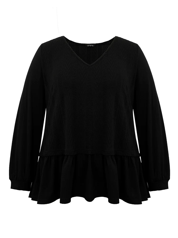 Plain Texture Ruffle Hem Lantern Sleeve T-shirt - Image 6